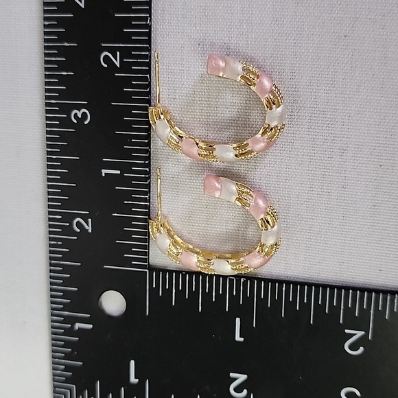 Gold Hoop Earrings with Pink and White New - Picture 7 of 7